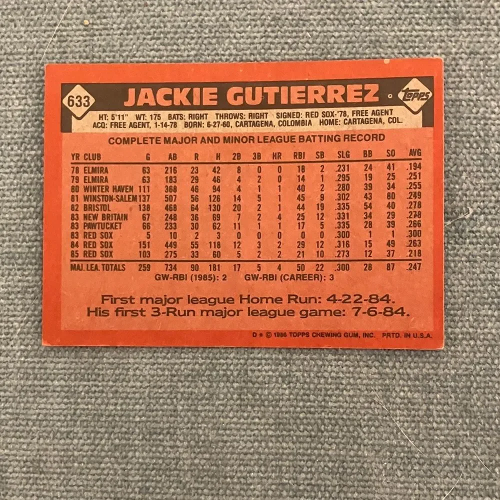 1986 Topps Boston Red Sox Baseball Card